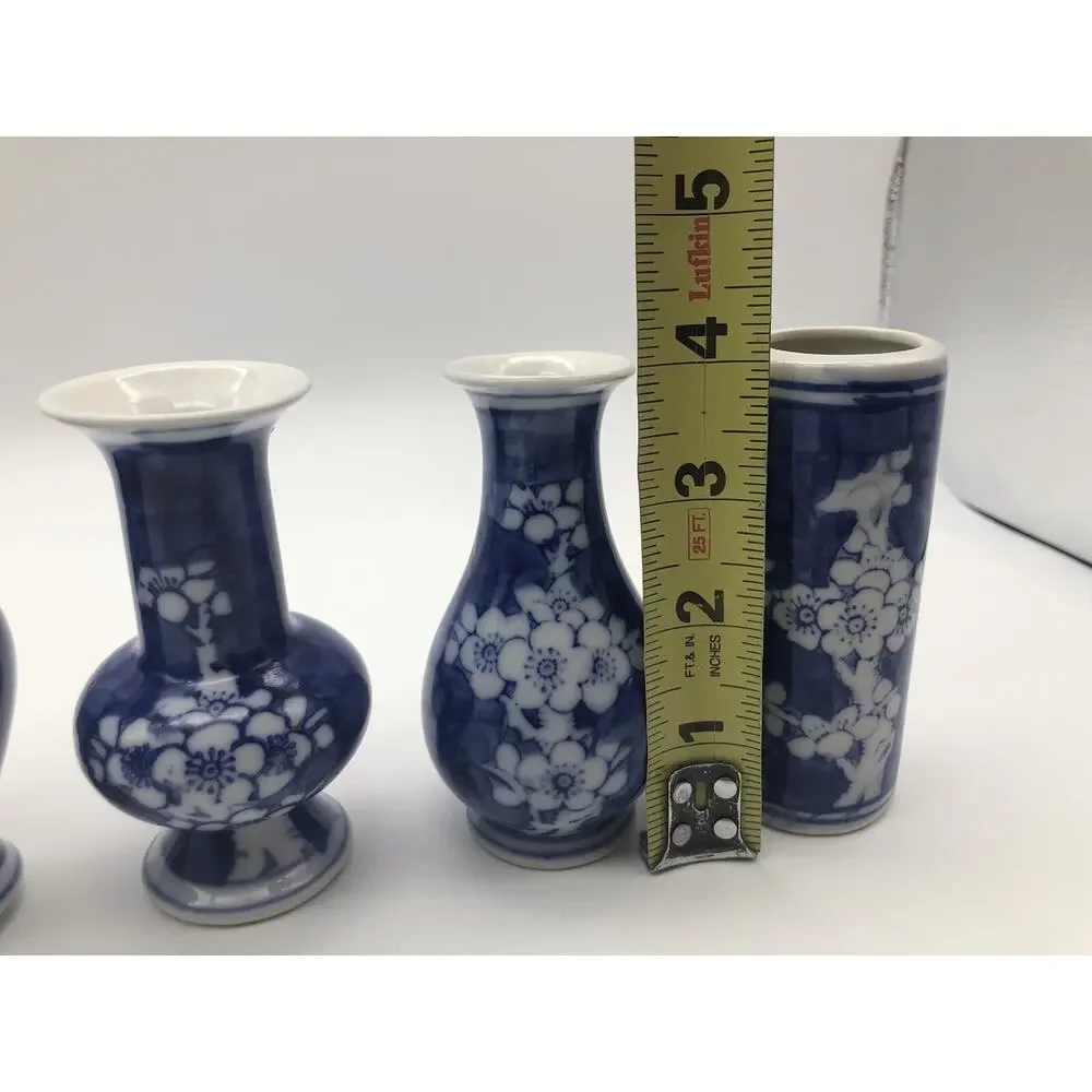 Chinese Miniature Vases Blue & White Plum Blossom Motif 4”tall 6-pieces